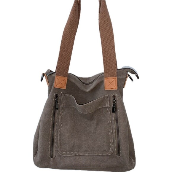 CANVAS Women’s Shoulder Bag Tote Grey Large Pockets With Zippers Leisure 32X35” - Picture 2 of 4